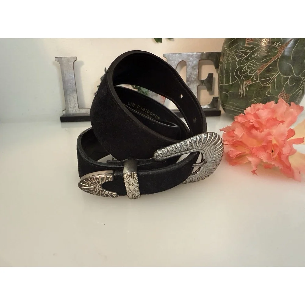 Liz Claiborne Genuine‎ Suede Leather Snake Trim Belt Women's Small Black 26-29